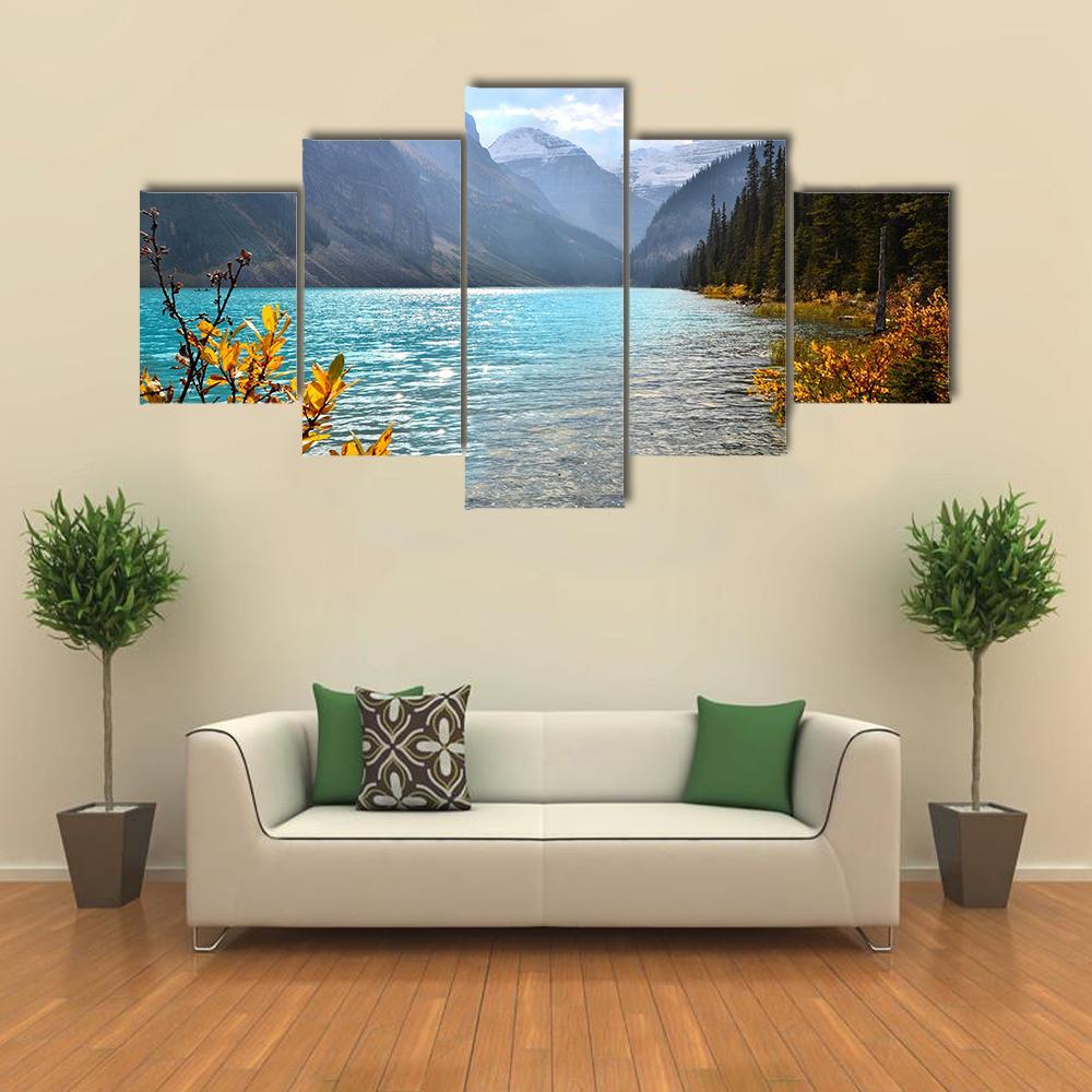 View Of Lake Louise With Autumn Colors Canvas Wall Art-5 Star-Gallery Wrap-62" x 32"-Tiaracle