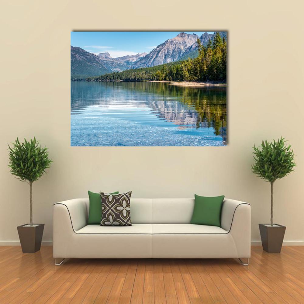 Mountain Lake with Reflected Peaks Canvas Wall Art in gray, green and blue, single panel hung on a wall