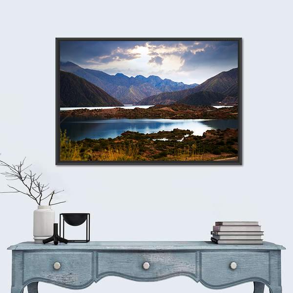 View Of Lake Near Andes mountains Canvas Wall Art-1 Piece-Floating Frame-24" x 16"-Tiaracle