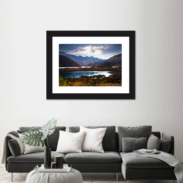 View Of Lake Near Andes mountains Canvas Wall Art-3 Horizontal-Gallery Wrap-25" x 16"-Tiaracle