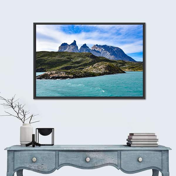 View Of Lake Pehoe Canvas Wall Art-1 Piece-Floating Frame-24" x 16"-Tiaracle