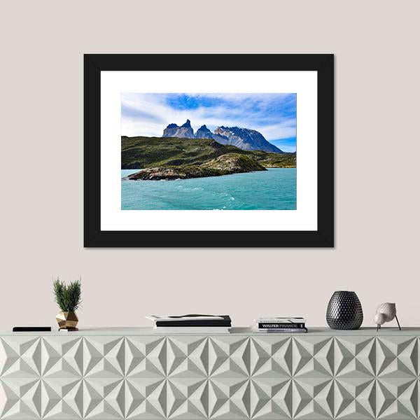 View Of Lake Pehoe Canvas Wall Art-1 Piece-Framed Print-20" x 16"-Tiaracle