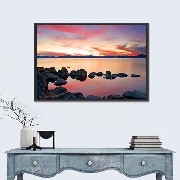 Lake Tahoe at Sunrise Canvas Wall Art in orange, blue and pink, framed canvas, product view on a white background