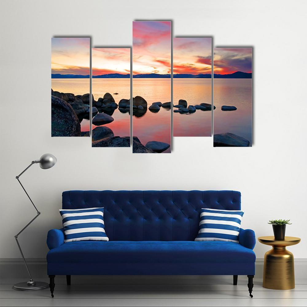 View Of Lake Tahoe At Sunrise Canvas Wall Art-5 Pop-Gallery Wrap-47" x 32"-Tiaracle