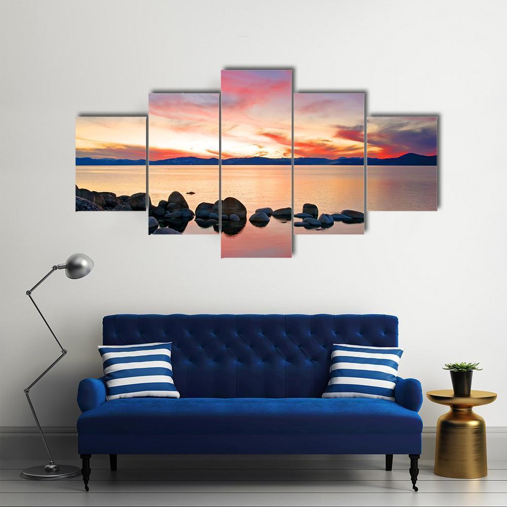 View Of Lake Tahoe At Sunrise Canvas Wall Art-5 Star-Gallery Wrap-62" x 32"-Tiaracle