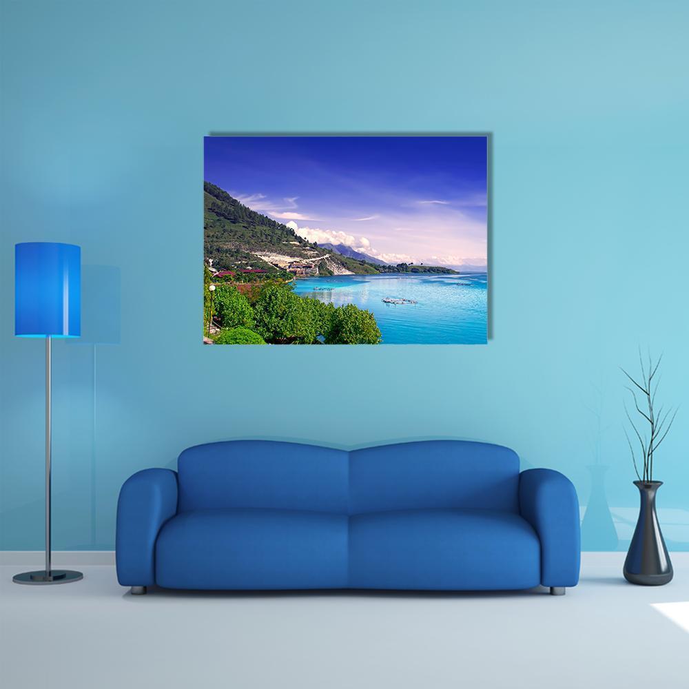 View of Lake Toba Canvas Wall Art in green and blue, single panel hung on a wall