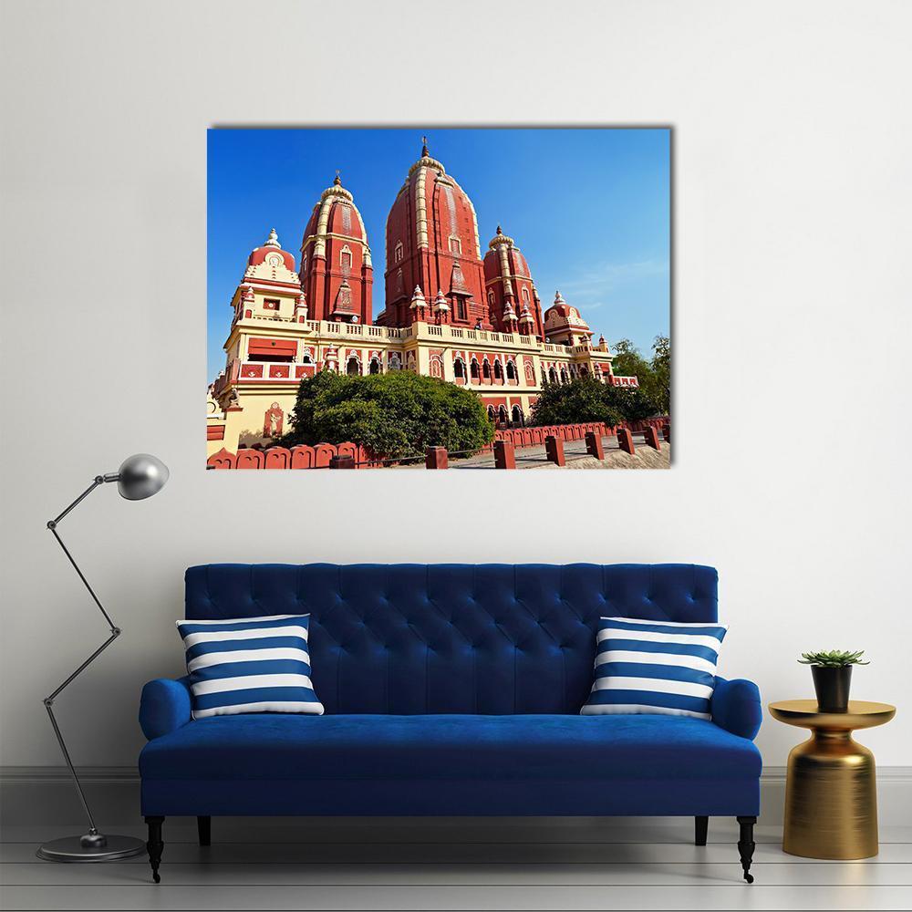 Laxmi Narayan Temple in Delhi Canvas Wall Art in beige, red and blue, single panel hung on a wall