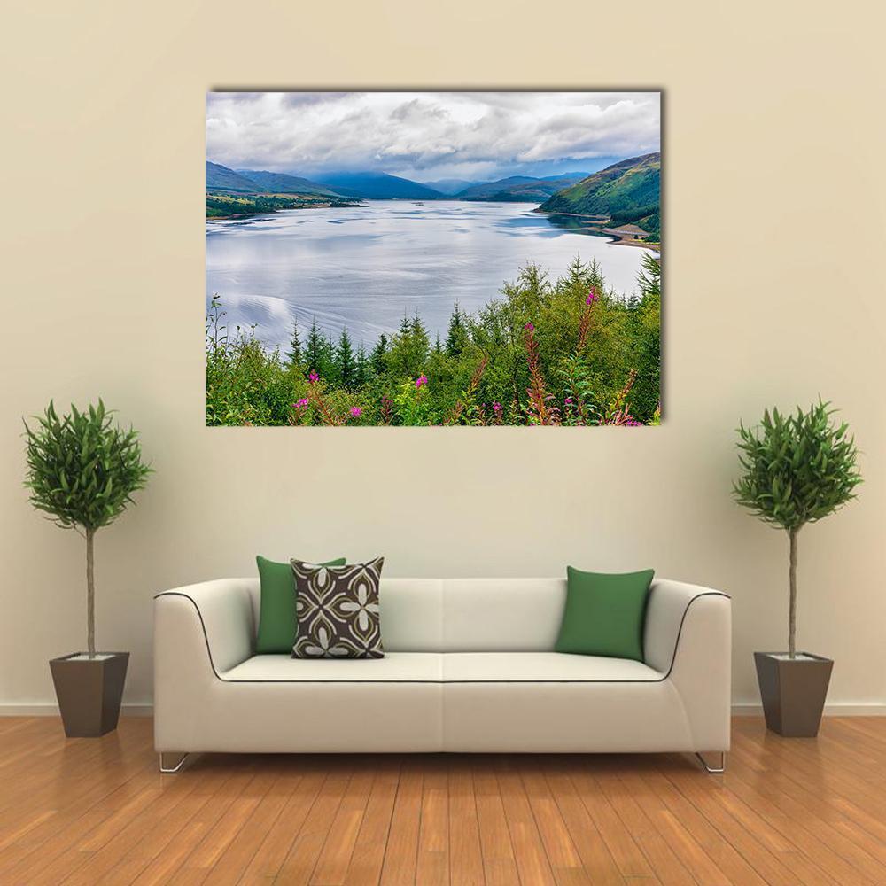Loch Carron View Canvas Wall Art in gray, green and blue, single panel hung on a wall