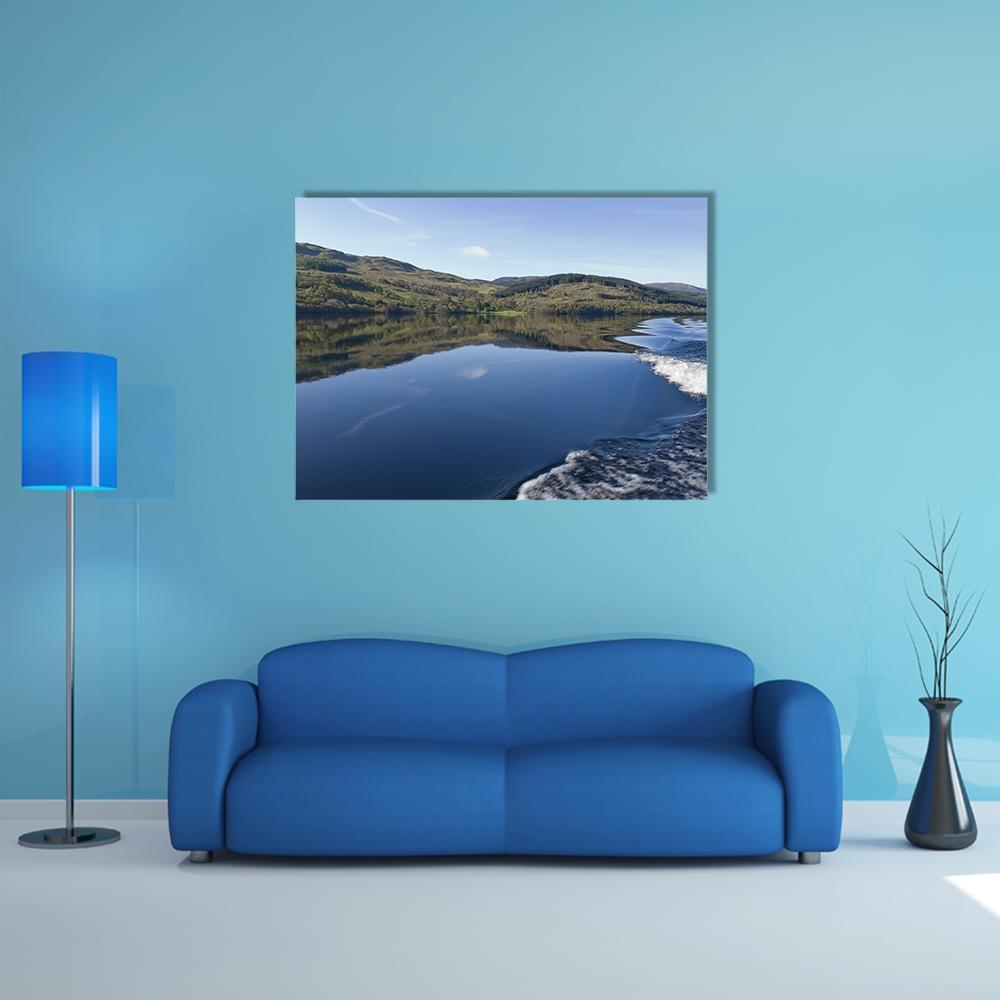 Loch Tay from a Powerboat Canvas Wall Art in green, blue and navy, single panel hung on a wall
