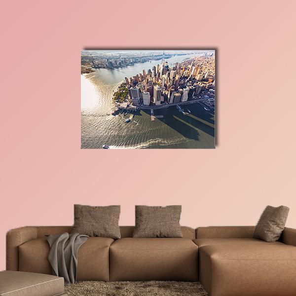 Lower Manhattan Over the Hudson River Canvas Wall Art in gray, brown and blue, single panel hung on a wall