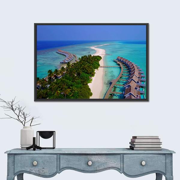 View Of Maldives White Sandy Beach Canvas Wall Art-1 Piece-Floating Frame-24" x 16"-Tiaracle