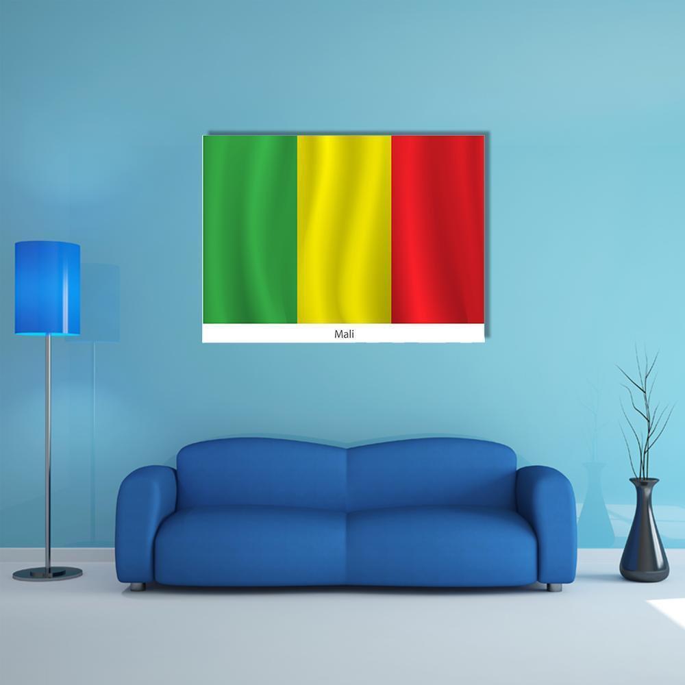 Mali Flag with Label Canvas Wall Art in red, yellow and green, single panel hung on a wall