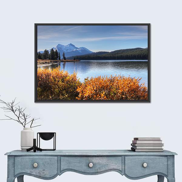 View of Maligne Lake in the Rocky Mountains Canvas Wall Art-1 Piece-Floating Frame-24" x 16"-Tiaracle