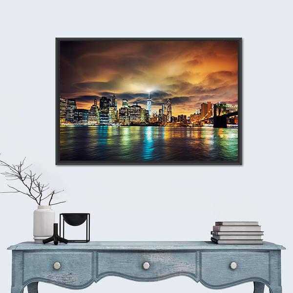 View Of Manhattan At Sunset Canvas Wall Art-1 Piece-Floating Frame-24" x 16"-Tiaracle