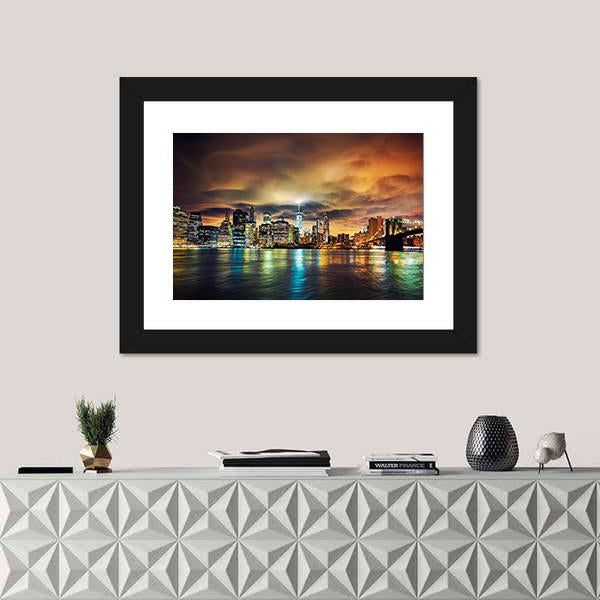 View Of Manhattan At Sunset Canvas Wall Art-1 Piece-Framed Print-20" x 16"-Tiaracle