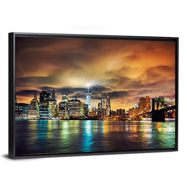 View Of Manhattan At Sunset Canvas Wall Art-3 Horizontal-Gallery Wrap-25" x 16"-Tiaracle