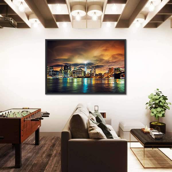 View Of Manhattan At Sunset Canvas Wall Art-3 Horizontal-Gallery Wrap-25" x 16"-Tiaracle