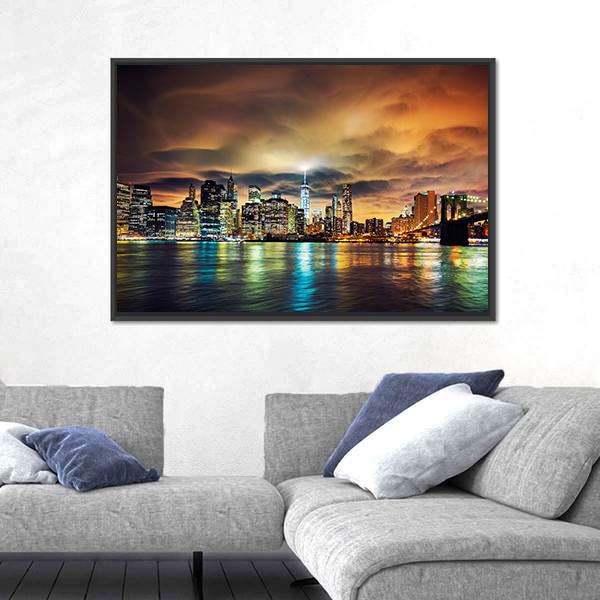 View Of Manhattan At Sunset Canvas Wall Art-3 Horizontal-Gallery Wrap-25" x 16"-Tiaracle