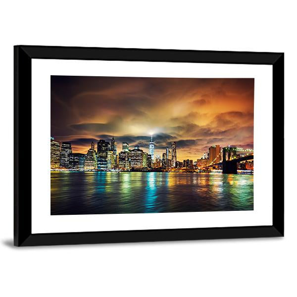 View Of Manhattan At Sunset Canvas Wall Art-3 Horizontal-Gallery Wrap-25" x 16"-Tiaracle