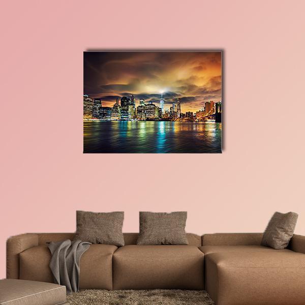 View Of Manhattan At Sunset Canvas Wall Art-1 Piece-Gallery Wrap-48" x 32"-Tiaracle