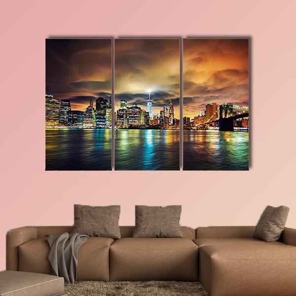 View Of Manhattan At Sunset Canvas Wall Art-3 Horizontal-Gallery Wrap-37" x 24"-Tiaracle