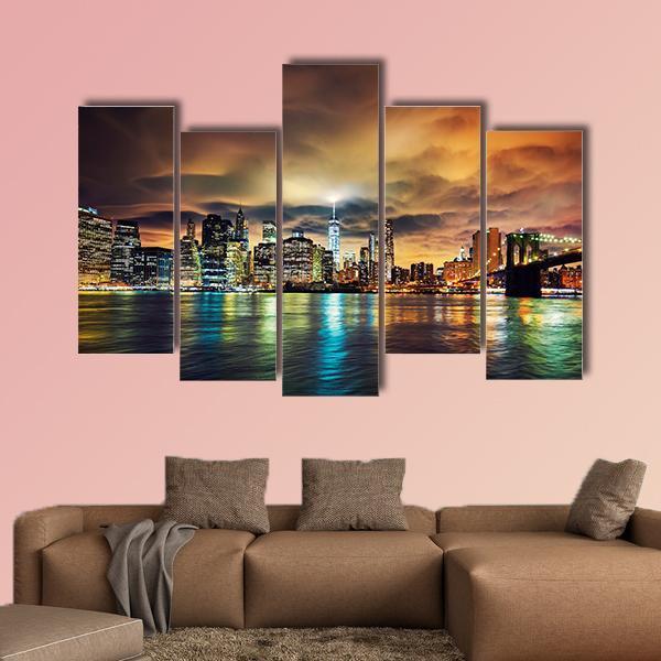 View Of Manhattan At Sunset Canvas Wall Art-5 Pop-Gallery Wrap-47" x 32"-Tiaracle