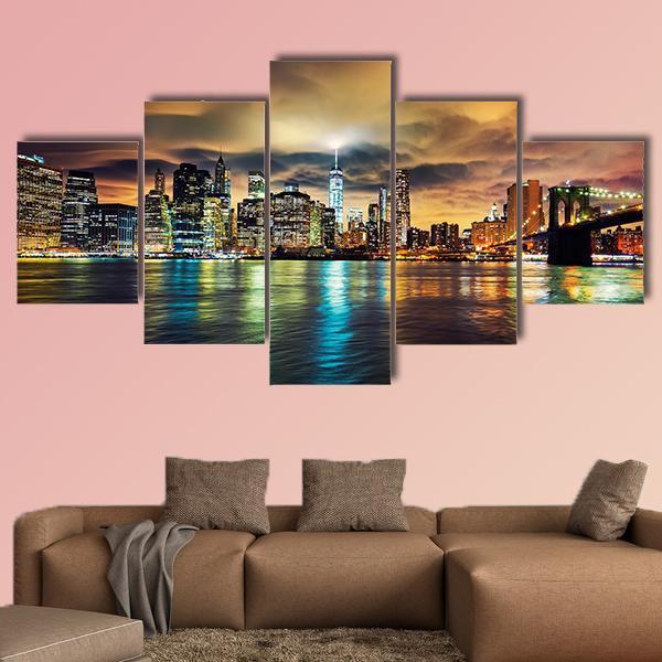 View Of Manhattan At Sunset Canvas Wall Art-5 Star-Gallery Wrap-62" x 32"-Tiaracle