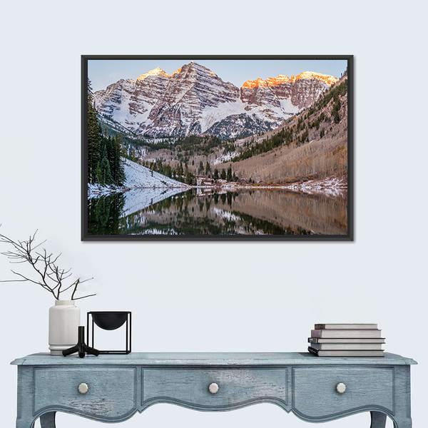 View Of Maroon Bells And Maroon Lake Canvas Wall Art-1 Piece-Floating Frame-24" x 16"-Tiaracle