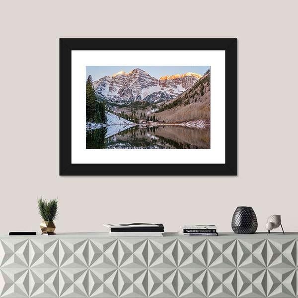View Of Maroon Bells And Maroon Lake Canvas Wall Art-1 Piece-Framed Print-20" x 16"-Tiaracle
