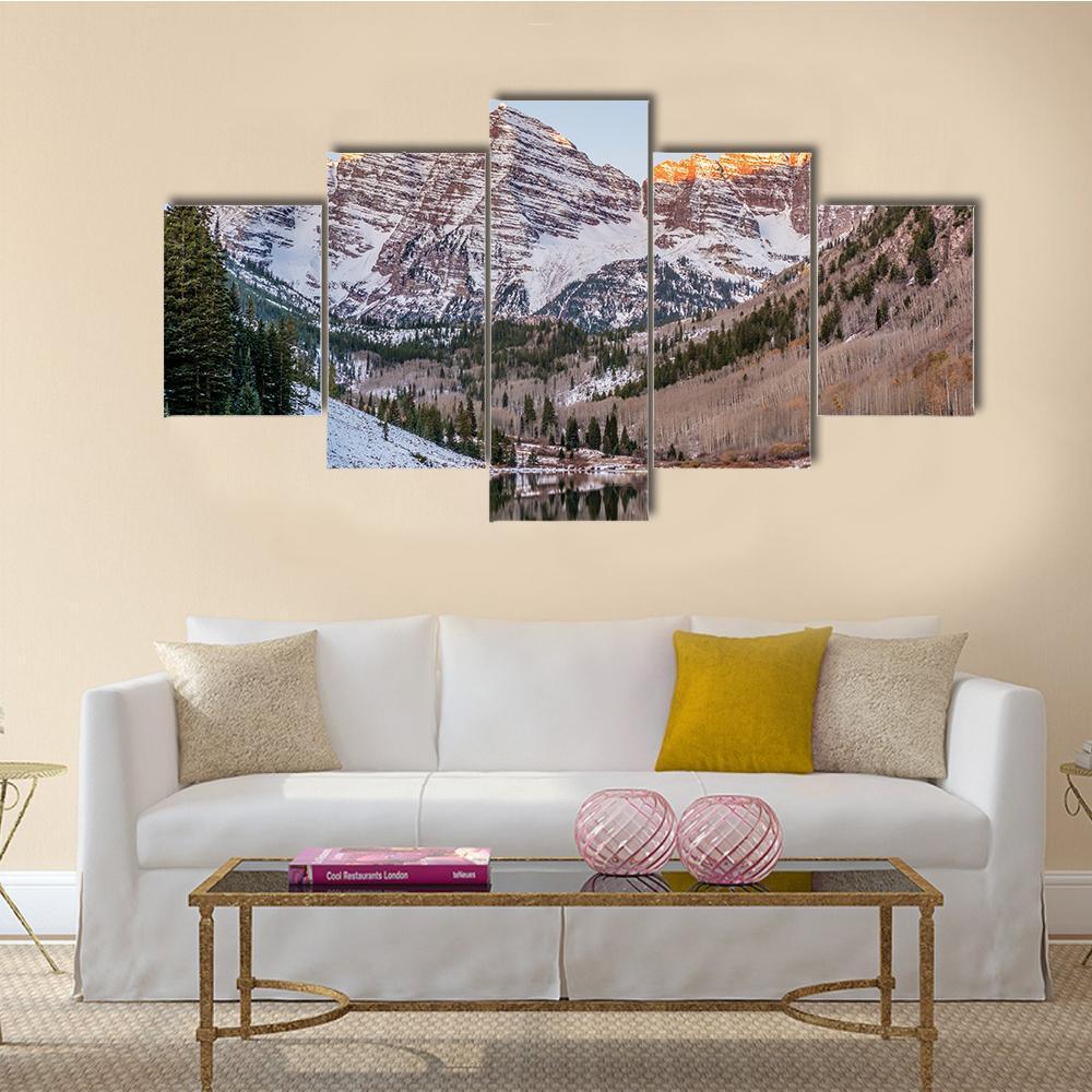 View Of Maroon Bells And Maroon Lake Canvas Wall Art-5 Star-Gallery Wrap-62" x 32"-Tiaracle