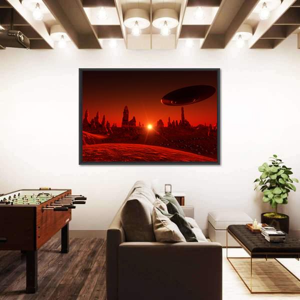 View Of Mars And Spaceship At Sunset Canvas Wall Art-5 Horizontal-Gallery Wrap-22" x 12"-Tiaracle