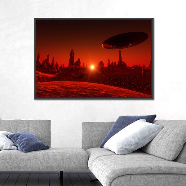 View Of Mars And Spaceship At Sunset Canvas Wall Art-5 Horizontal-Gallery Wrap-22" x 12"-Tiaracle
