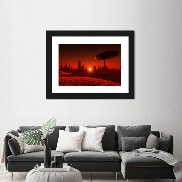 View Of Mars And Spaceship At Sunset Canvas Wall Art-5 Horizontal-Gallery Wrap-22" x 12"-Tiaracle