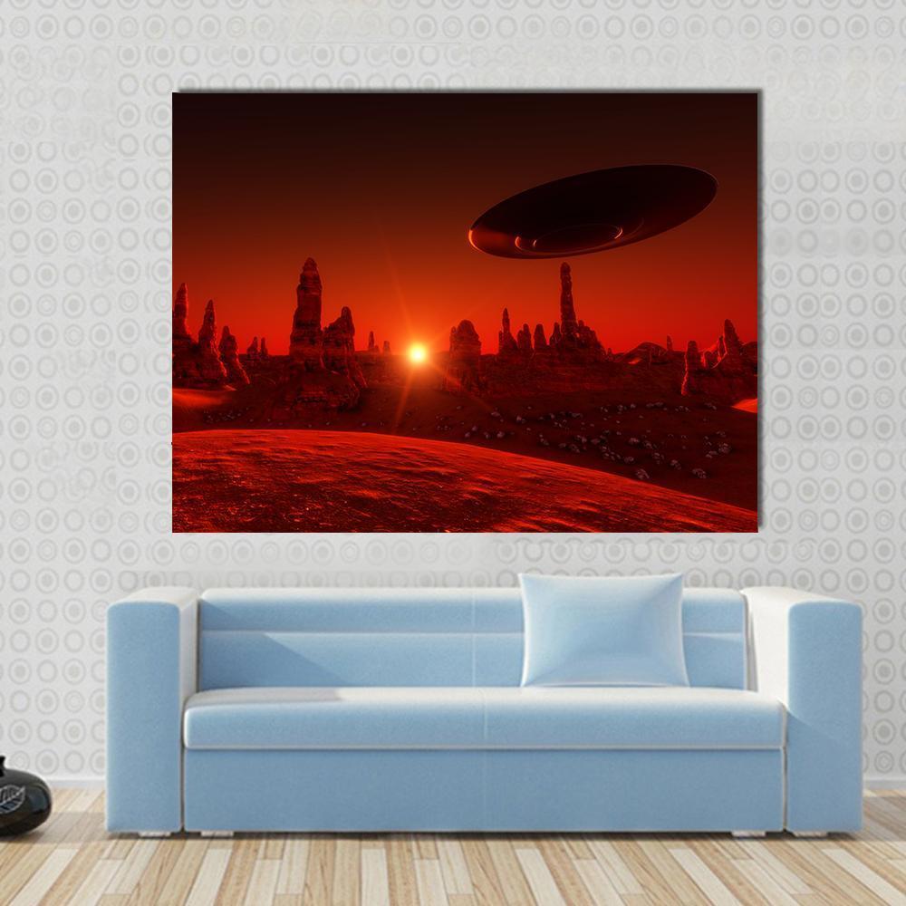 Mars Sunset with Ufo Canvas Wall Art in black, red and orange, single panel hung on a wall