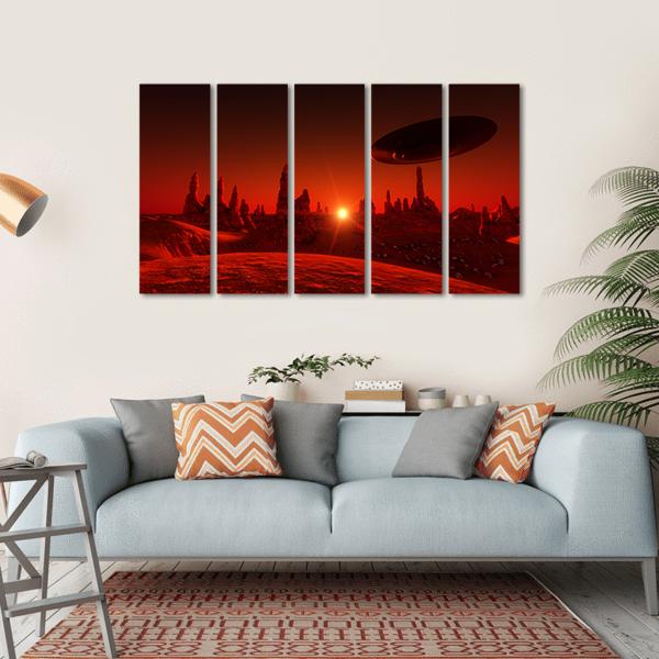 View Of Mars And Spaceship At Sunset Canvas Wall Art-5 Horizontal-Gallery Wrap-22" x 12"-Tiaracle