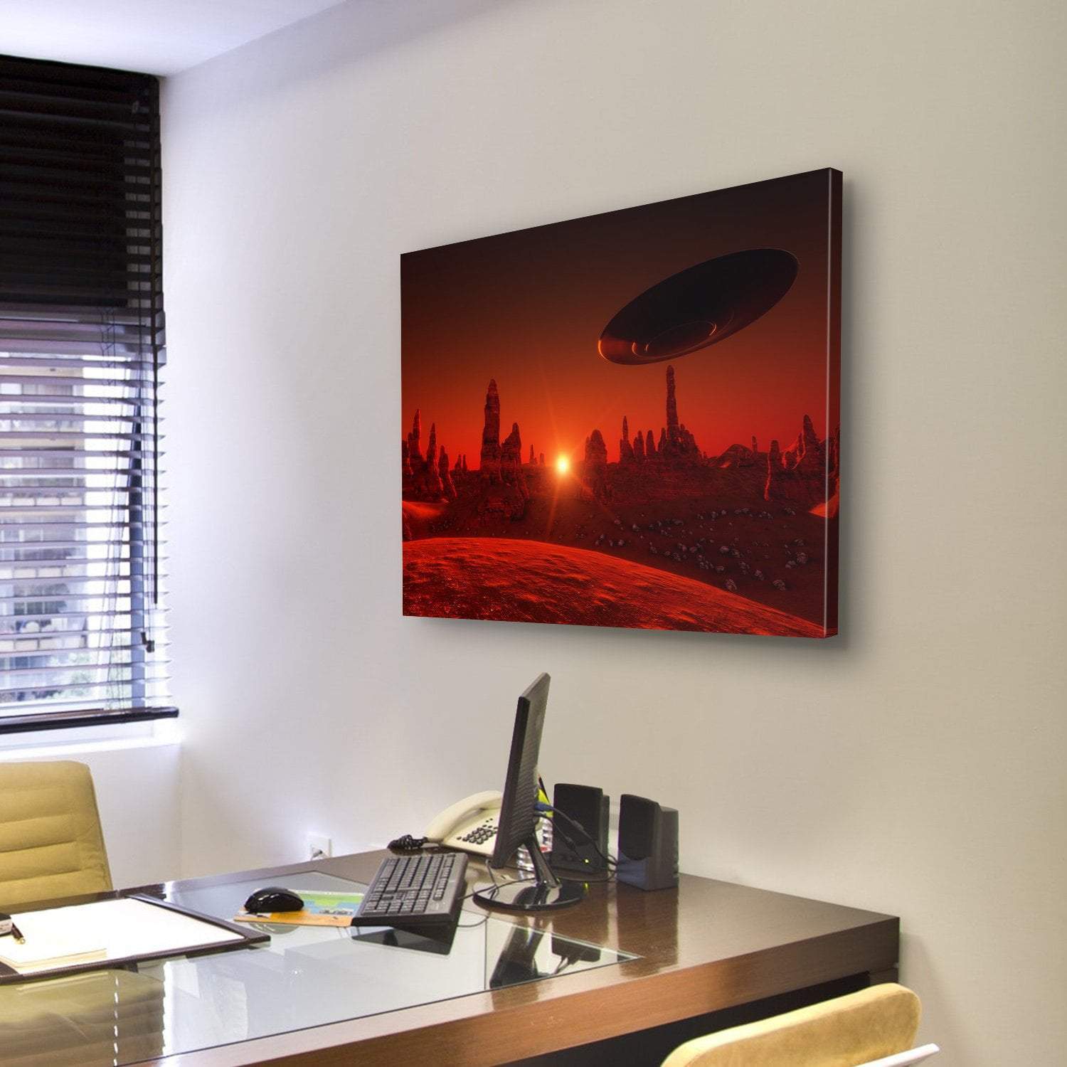 View Of Mars And Spaceship At Sunset Canvas Wall Art-3 Horizontal-Gallery Wrap-25" x 16"-Tiaracle