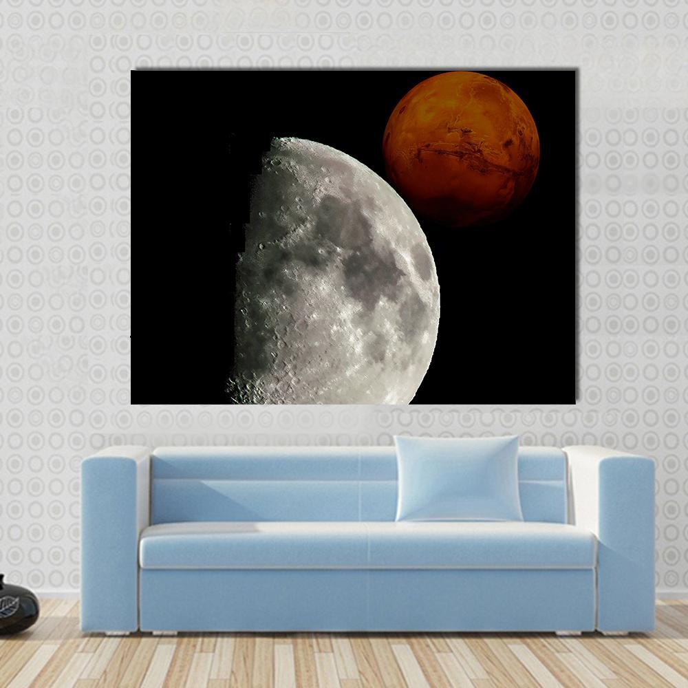 View of Mars from Moon Canvas Wall Art in black, gray and orange, single panel hung on a wall