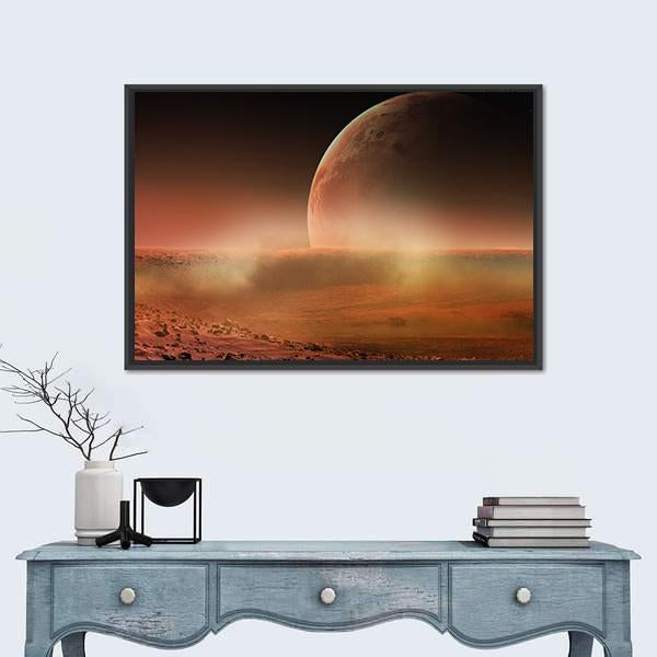View of Mars from Phobos Canvas Wall Art in black, brown and orange, framed canvas, product view on a white background
