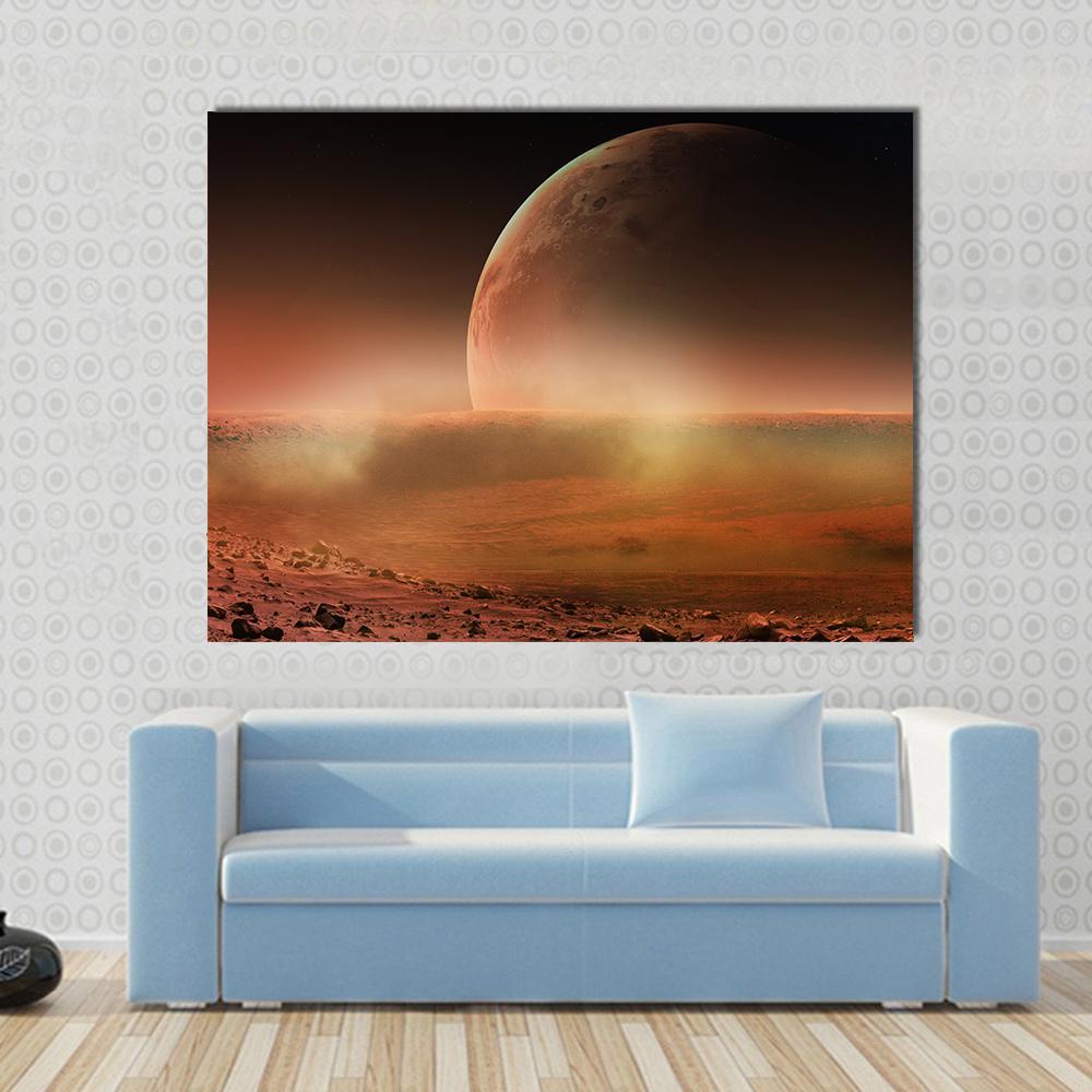 View of Mars from Phobos Canvas Wall Art in black, brown and orange, single panel hung on a wall