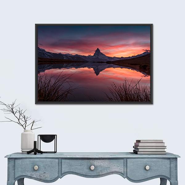 Matterhorn Reflection in Stelli Lake Canvas Wall Art in blue, purple and pink, framed canvas, product view on a white background