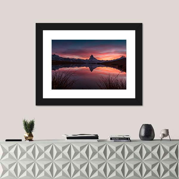 View Of Matterhorn With Reflection In Stelli Lake Canvas Wall Art-1 Piece-Framed Print-20" x 16"-Tiaracle