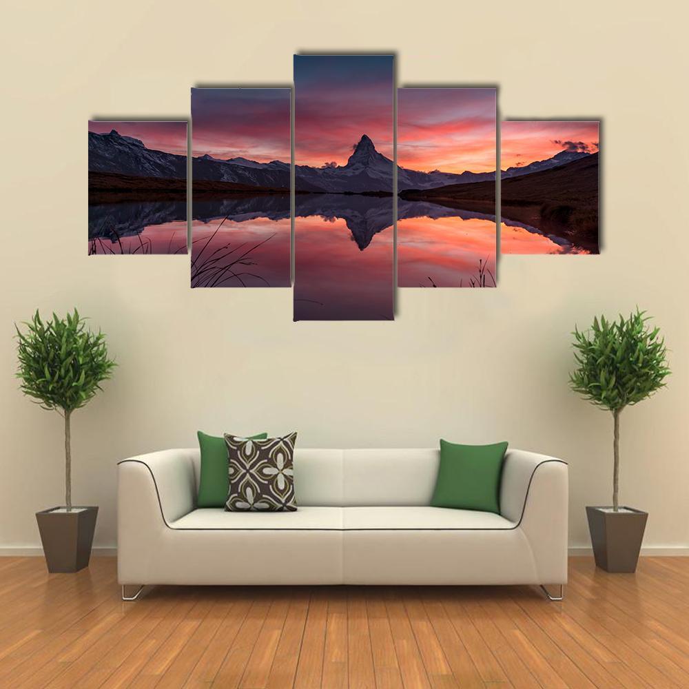 View Of Matterhorn With Reflection In Stelli Lake Canvas Wall Art-5 Star-Gallery Wrap-62" x 32"-Tiaracle