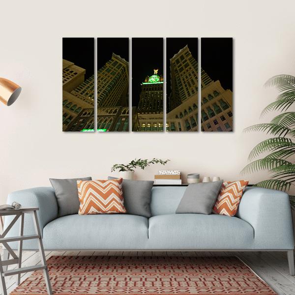 View Of Mecca Clock Tower At Night Canvas Wall Art-5 Horizontal-Gallery Wrap-22" x 12"-Tiaracle