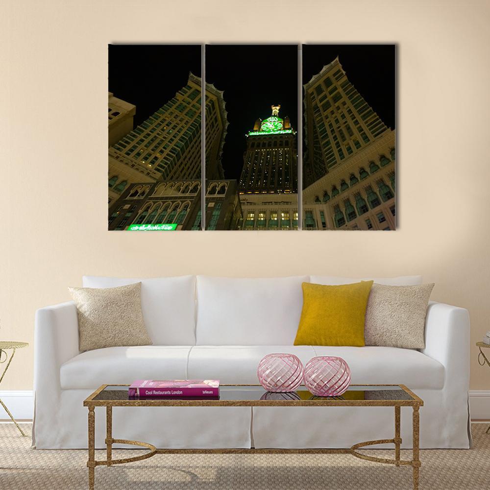 View Of Mecca Clock Tower At Night Canvas Wall Art-3 Horizontal-Gallery Wrap-37" x 24"-Tiaracle
