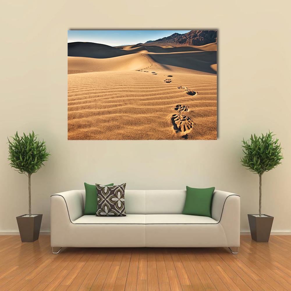 Mesquite Flat Sand Dunes View Canvas Wall Art in beige, brown and blue, single panel hung on a wall