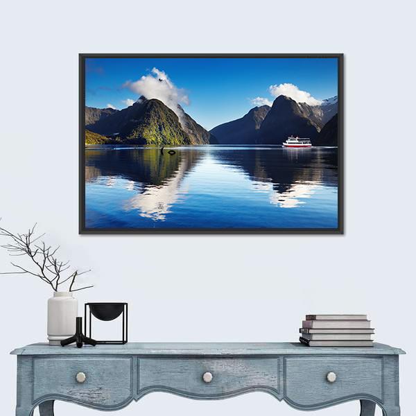 View Of Milford Sound Canvas Wall Art-1 Piece-Floating Frame-24" x 16"-Tiaracle