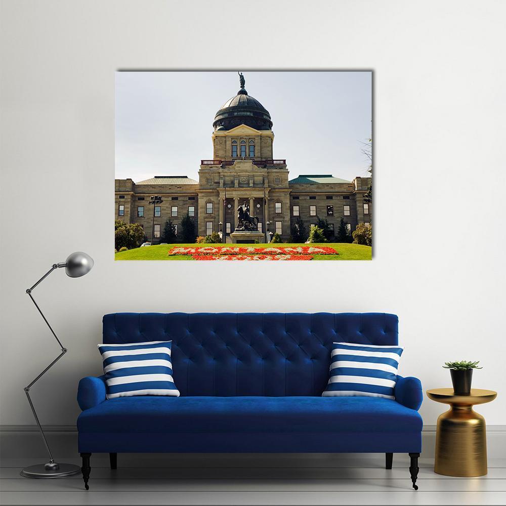Montana State Capitol Canvas Wall Art in gray, beige and blue, single panel hung on a wall