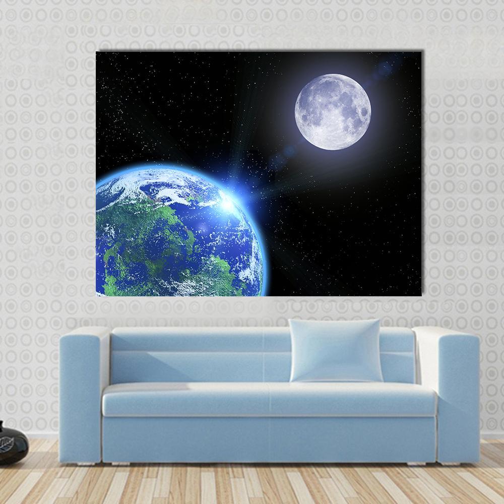 View of Moon and Earth Canvas Wall Art in black, white and blue, single panel hung on a wall