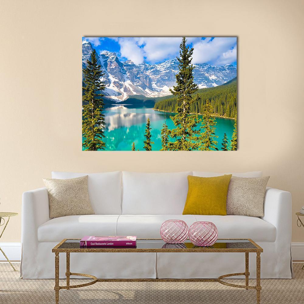 Moraine Lake In Rocky Mountains Canvas Wall Art-1 Piece-Gallery Wrap-48" x 32"-Tiaracle