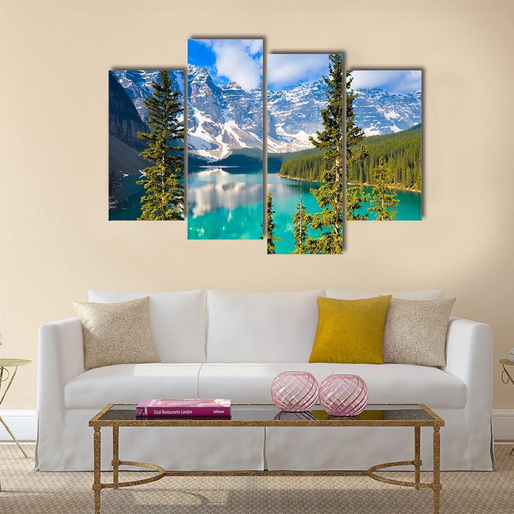 Moraine Lake In Rocky Mountains Canvas Wall Art-4 Pop-Gallery Wrap-50" x 32"-Tiaracle